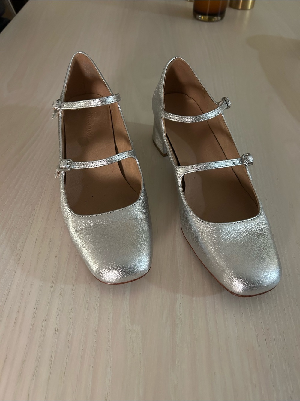 Madewell Metallic Silver Double-Strap Mary Jane Block Heels